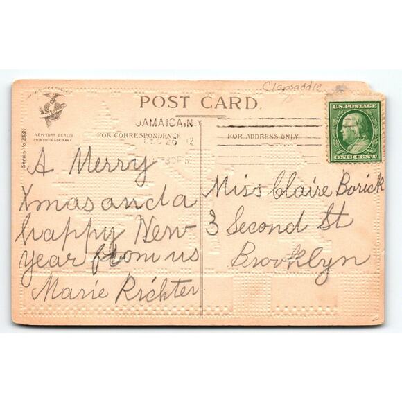 Christmas Postcard Signed Ellen Clapsaddle Grid Background X-mas Tree Children - Picture 2 of 2